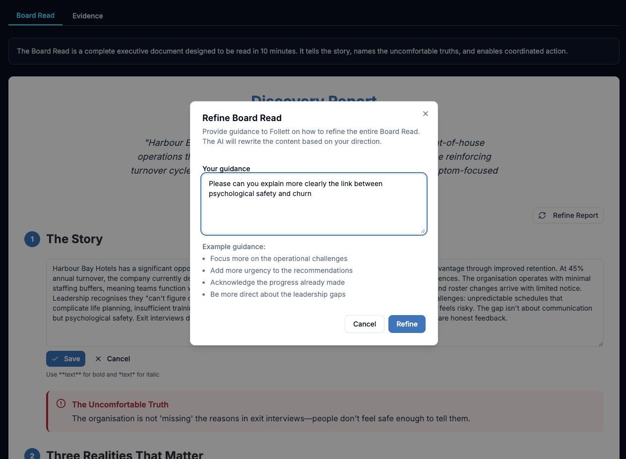 Refine executive summary interface with AI regeneration options and custom guidance input