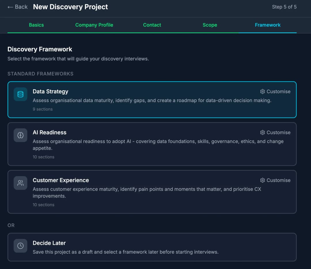 Framework selection showing Data Strategy, AI Readiness, and Customer Experience options