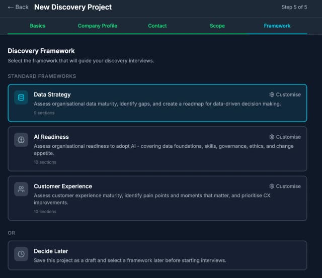 Project setup wizard showing framework selection and scope definition