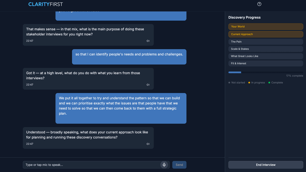 Discovery interview showing a live conversation with a stakeholder